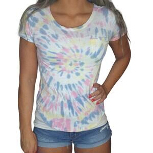 Hollister Shirt XS Rainbow Tie Dye Swirl Pastel White Blue Yellow Pink